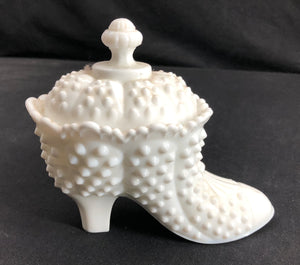 Fenton White Hobnail Boot with Lid, Candy / Trinket Dish